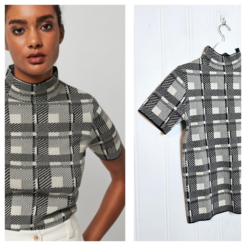 Roberto Verino Top Womens Size 8 Black White Plaid Knit High Neck Demure